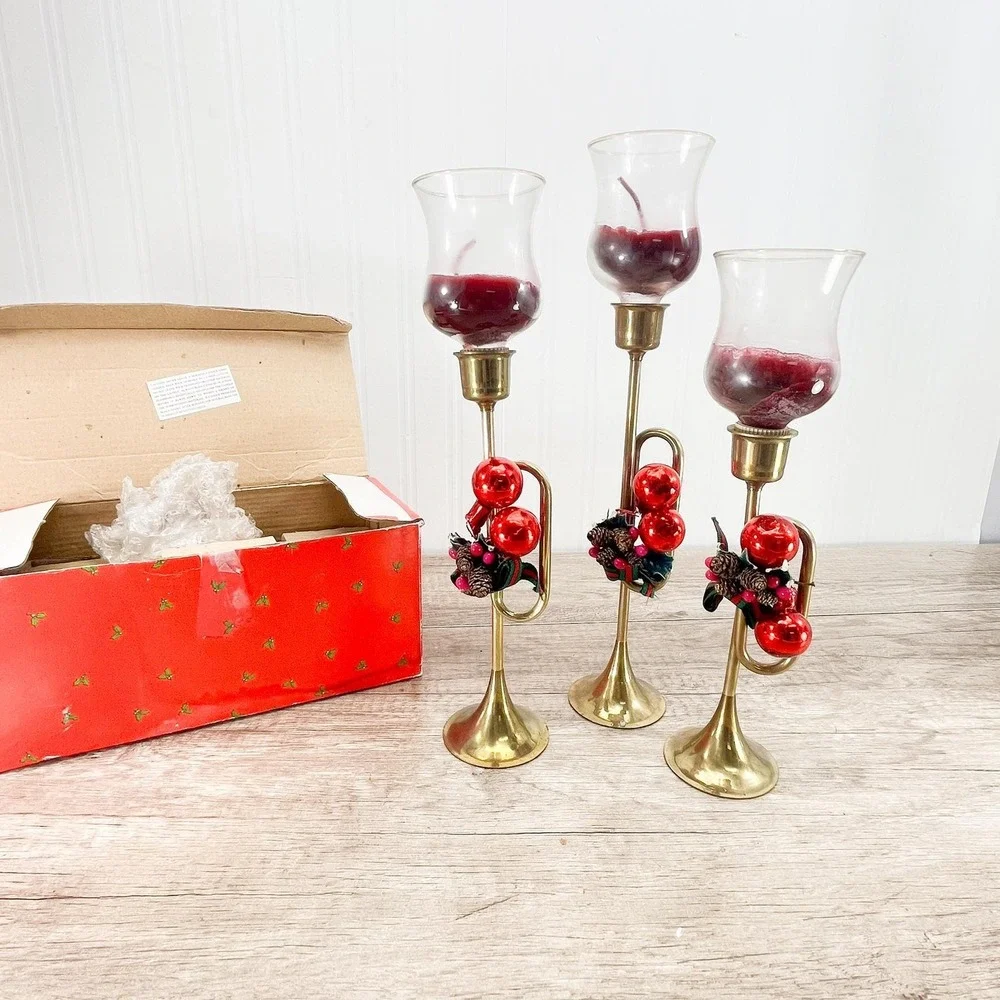 Vintage Brass Horn‎ Candlestick Set: MCM Holiday Votive Holders